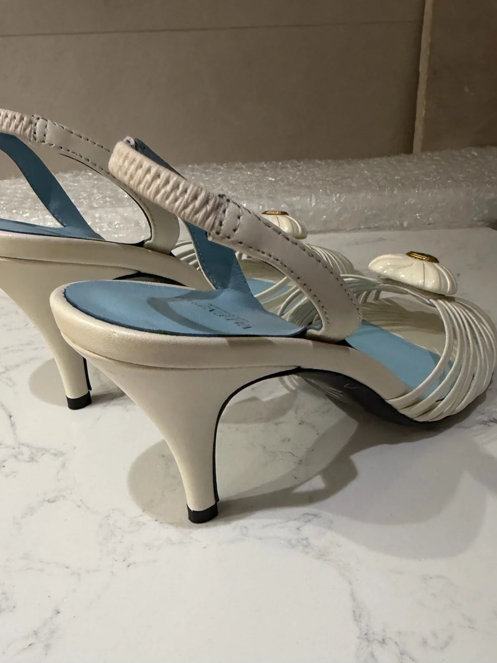 Ivory Strappy Slingback Heels with Heart Detail